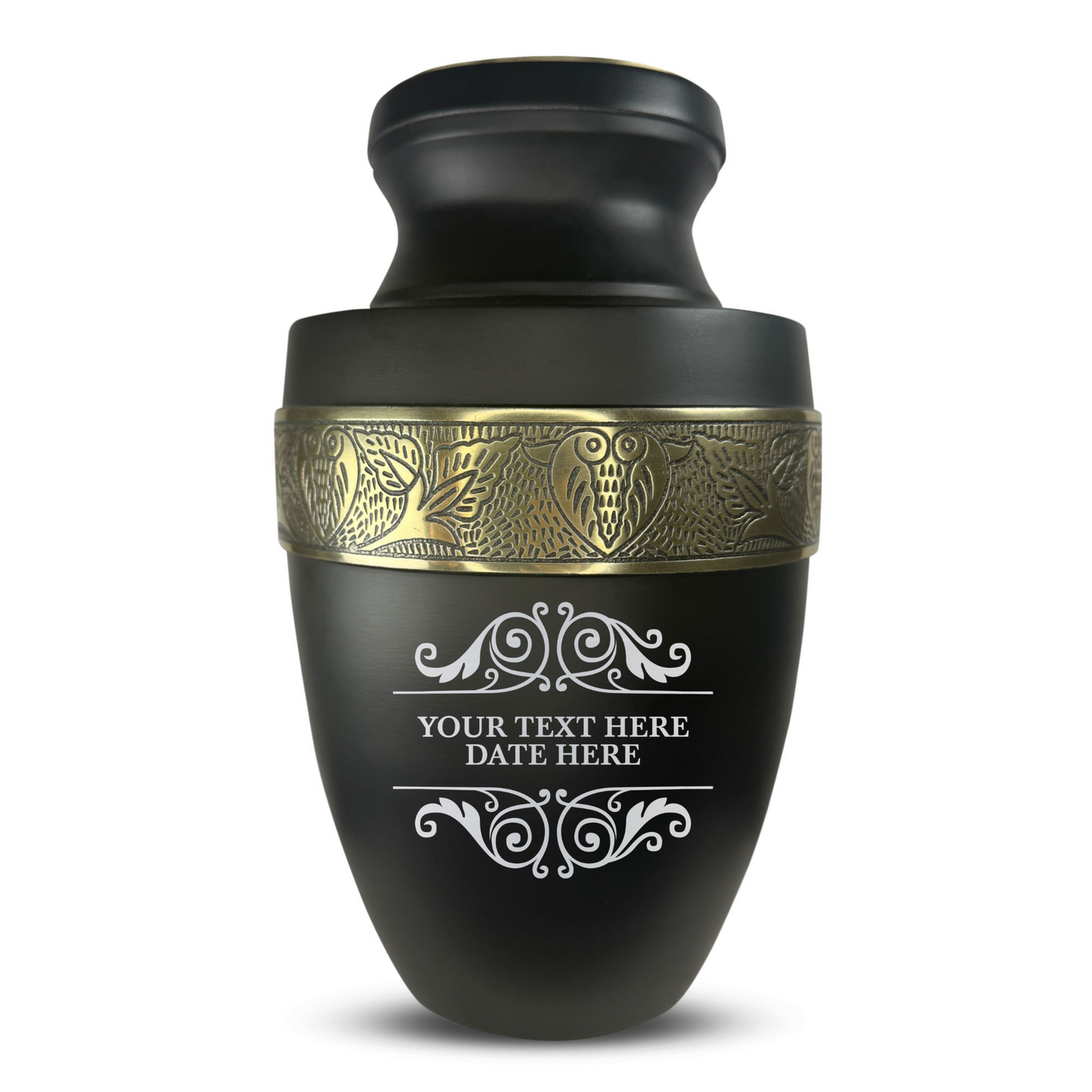 Personalized Adult Cremation Urn with Custom Engraved Name, Date and Memorial Decorative Swirl Design Metal Aluminum Vessel for Ashes and Remains | Elite Collection with Gold Inlay | 200 Cubic Inch