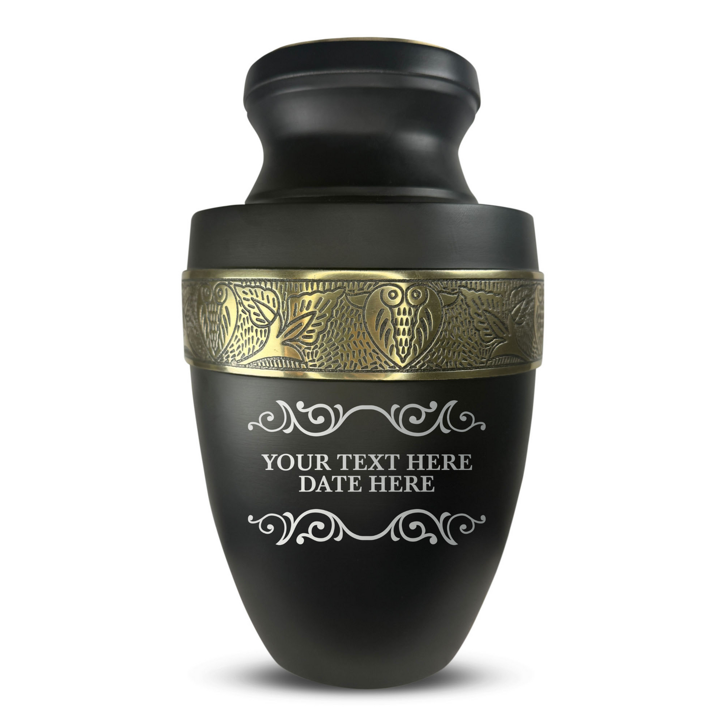 Personalized Adult Cremation Urn with Custom Engraved Name, Date and Memorial Decorative Swirl Design Metal Aluminum Vessel for Ashes and Remains | Elite Collection with Gold Inlay | 200 Cubic Inch