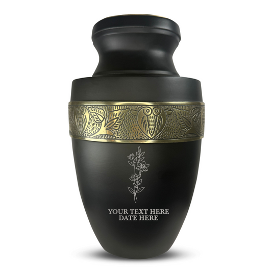 Personalized Adult Cremation Urn with Custom Engraved Name, Date and Memorial Floral Design Metal Aluminum Vessel for Ashes and Remains | Elite Collection with Gold Inlay | 200 Cubic Inch