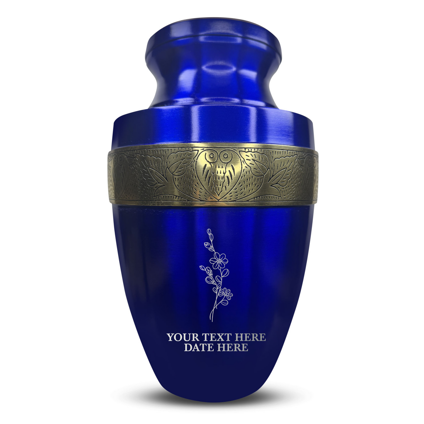 Personalized Adult Cremation Urn with Custom Engraved Name, Date and Memorial Floral Design Metal Aluminum Vessel for Ashes and Remains | Elite Collection with Gold Inlay | 200 Cubic Inch