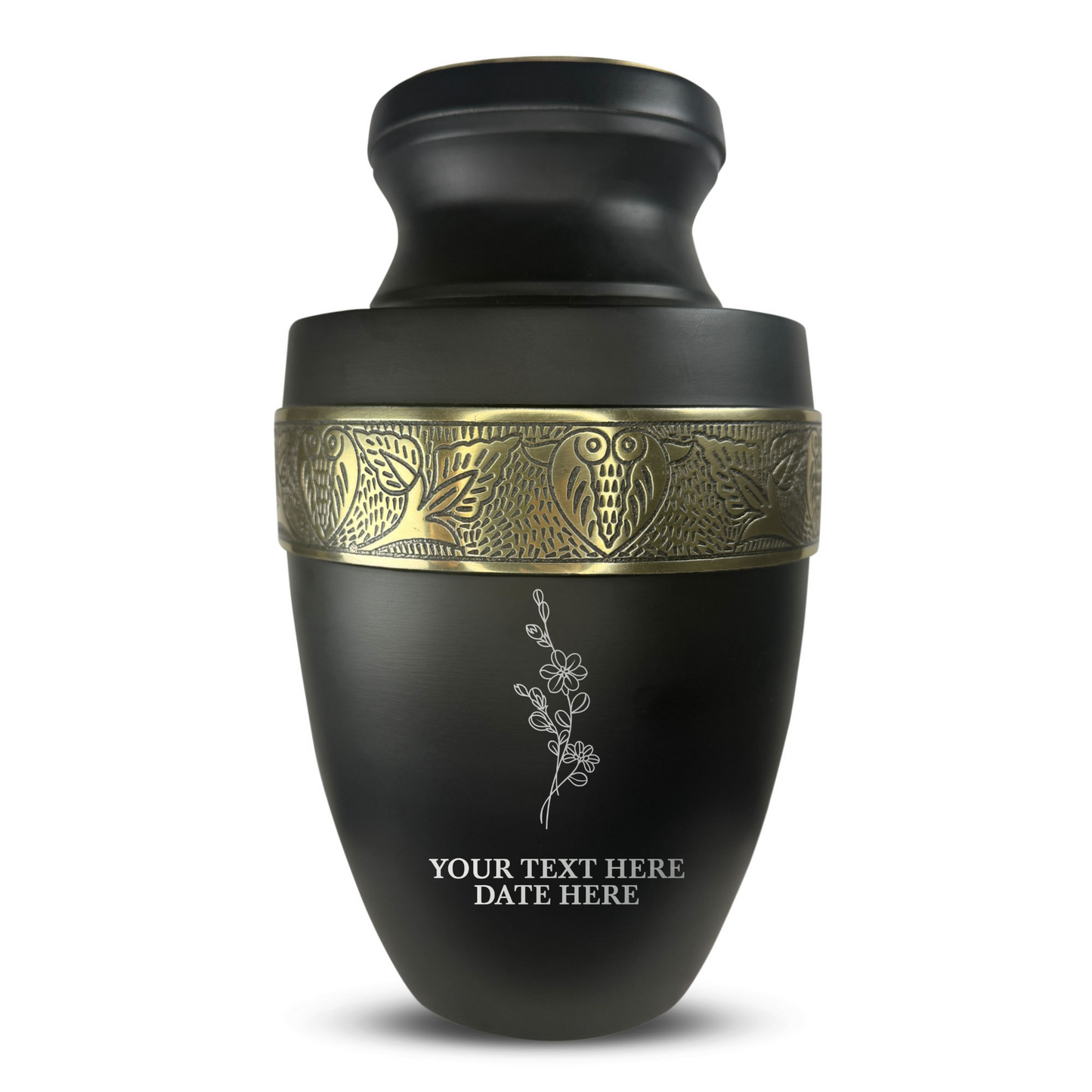 Personalized Adult Cremation Urn with Custom Engraved Name, Date and Memorial Floral Design Metal Aluminum Vessel for Ashes and Remains | Elite Collection with Gold Inlay | 200 Cubic Inch