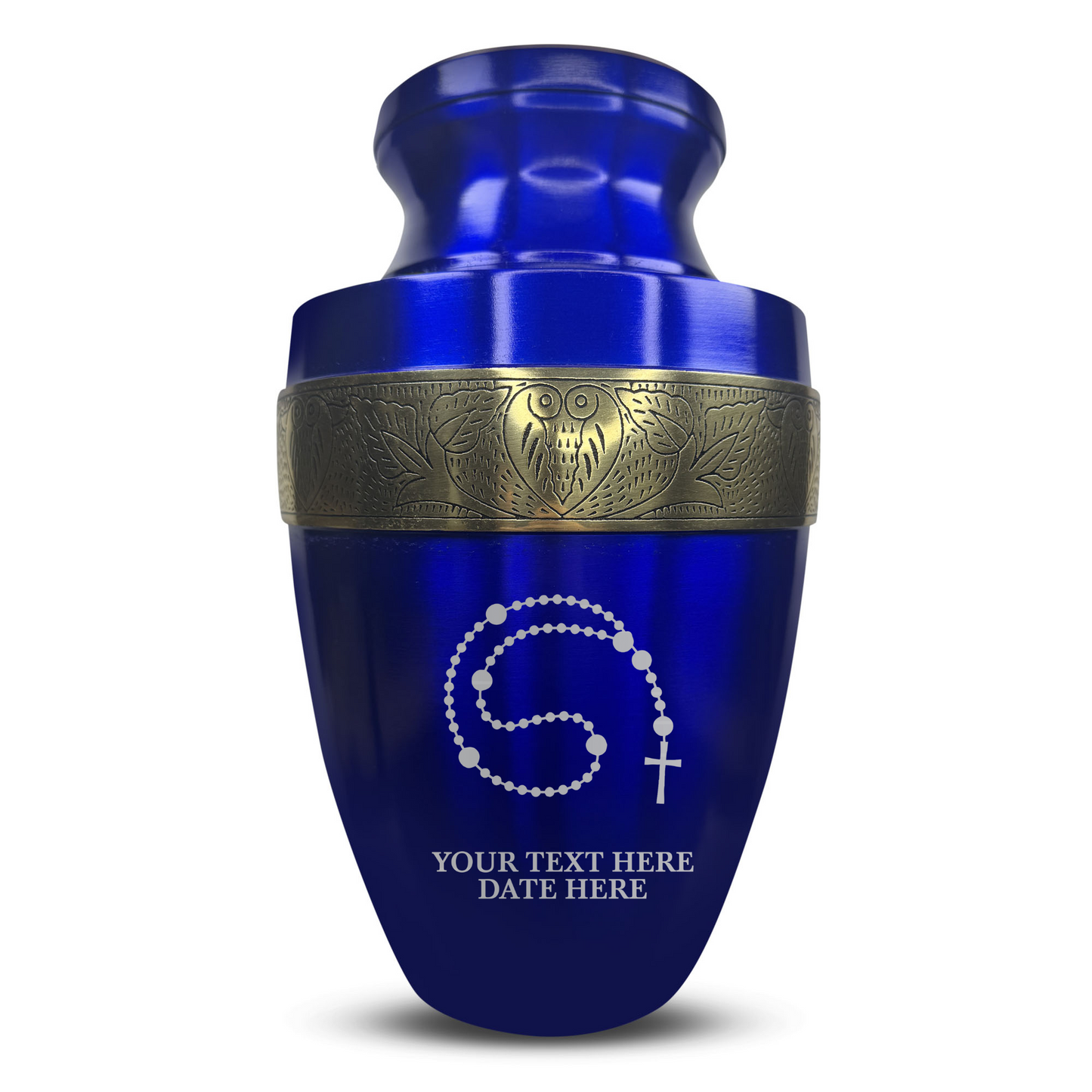 Personalized Adult Cremation Urn with Custom Engraved Name, Date and Rosary Illustration Design Metal Aluminum Vessel for Ashes and Remains | Elite Collection with Gold Inlay | 200 Cubic Inch