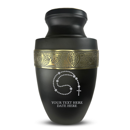 Personalized Adult Cremation Urn with Custom Engraved Name, Date and Rosary Illustration Design Metal Aluminum Vessel for Ashes and Remains | Elite Collection with Gold Inlay | 200 Cubic Inch