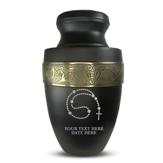 Personalized Adult Cremation Urn with Custom Engraved Name, Date and Rosary Illustration Design Metal Aluminum Vessel for Ashes and Remains | Elite Collection with Gold Inlay | 200 Cubic Inch