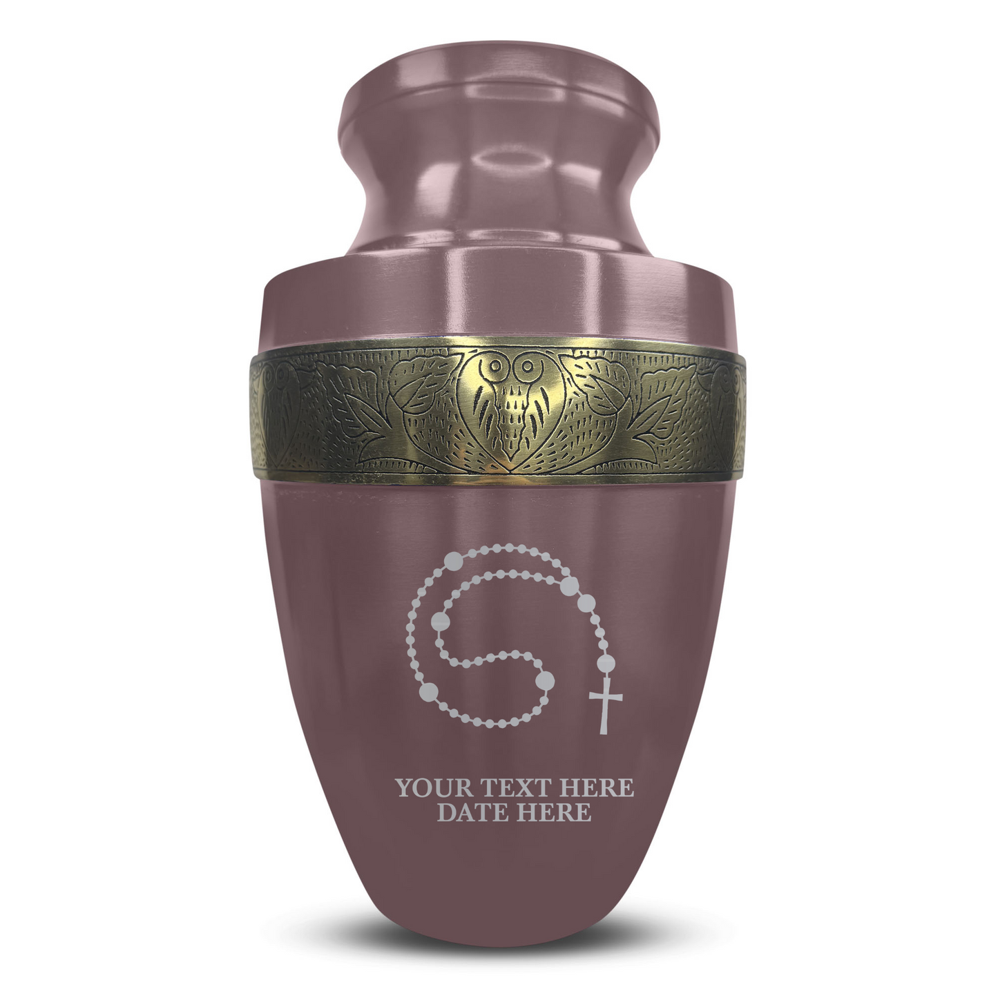 Personalized Adult Cremation Urn with Custom Engraved Name, Date and Rosary Illustration Design Metal Aluminum Vessel for Ashes and Remains | Elite Collection with Gold Inlay | 200 Cubic Inch