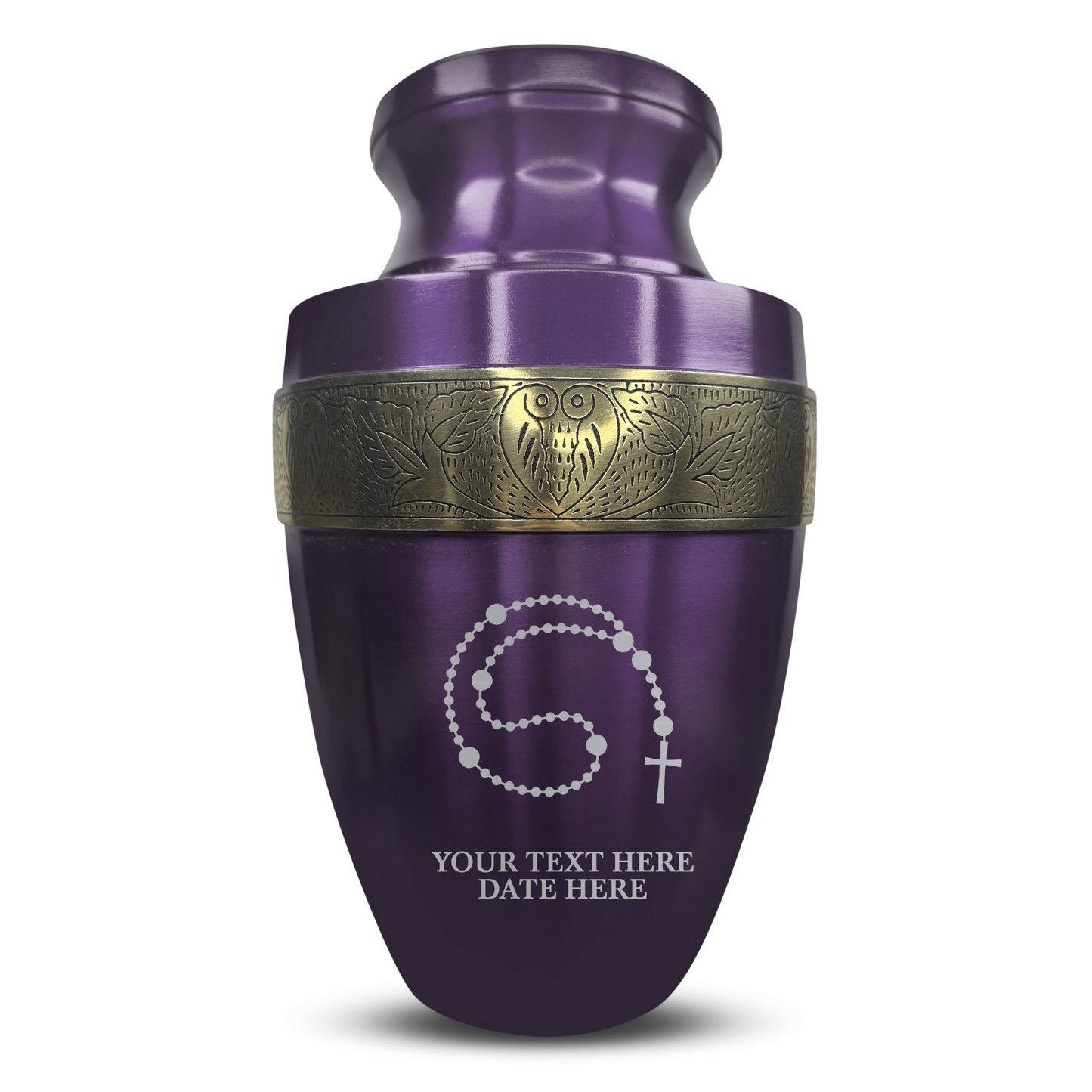 Personalized Adult Cremation Urn with Custom Engraved Name, Date and Rosary Illustration Design Metal Aluminum Vessel for Ashes and Remains | Elite Collection with Gold Inlay | 200 Cubic Inch
