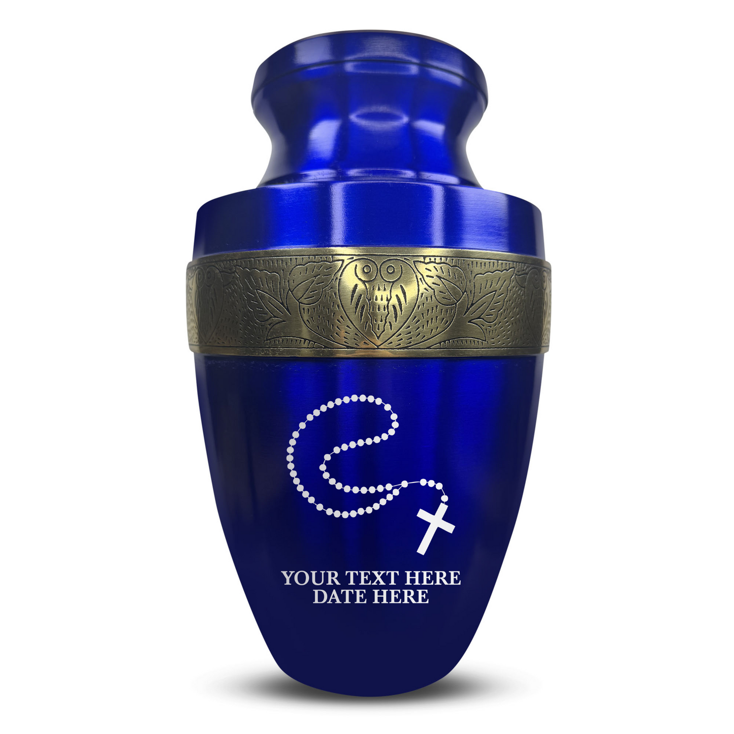 Personalized Adult Cremation Urn with Custom Engraved Name, Date and Rosary Illustration Design Metal Aluminum Vessel for Ashes and Remains | Elite Collection with Gold Inlay | 200 Cubic Inch