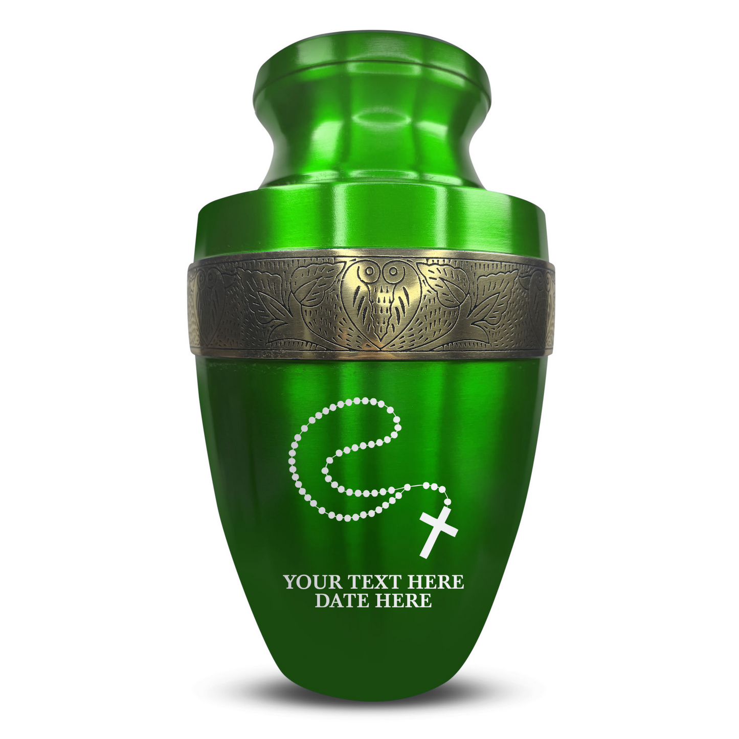 Personalized Adult Cremation Urn with Custom Engraved Name, Date and Rosary Illustration Design Metal Aluminum Vessel for Ashes and Remains | Elite Collection with Gold Inlay | 200 Cubic Inch