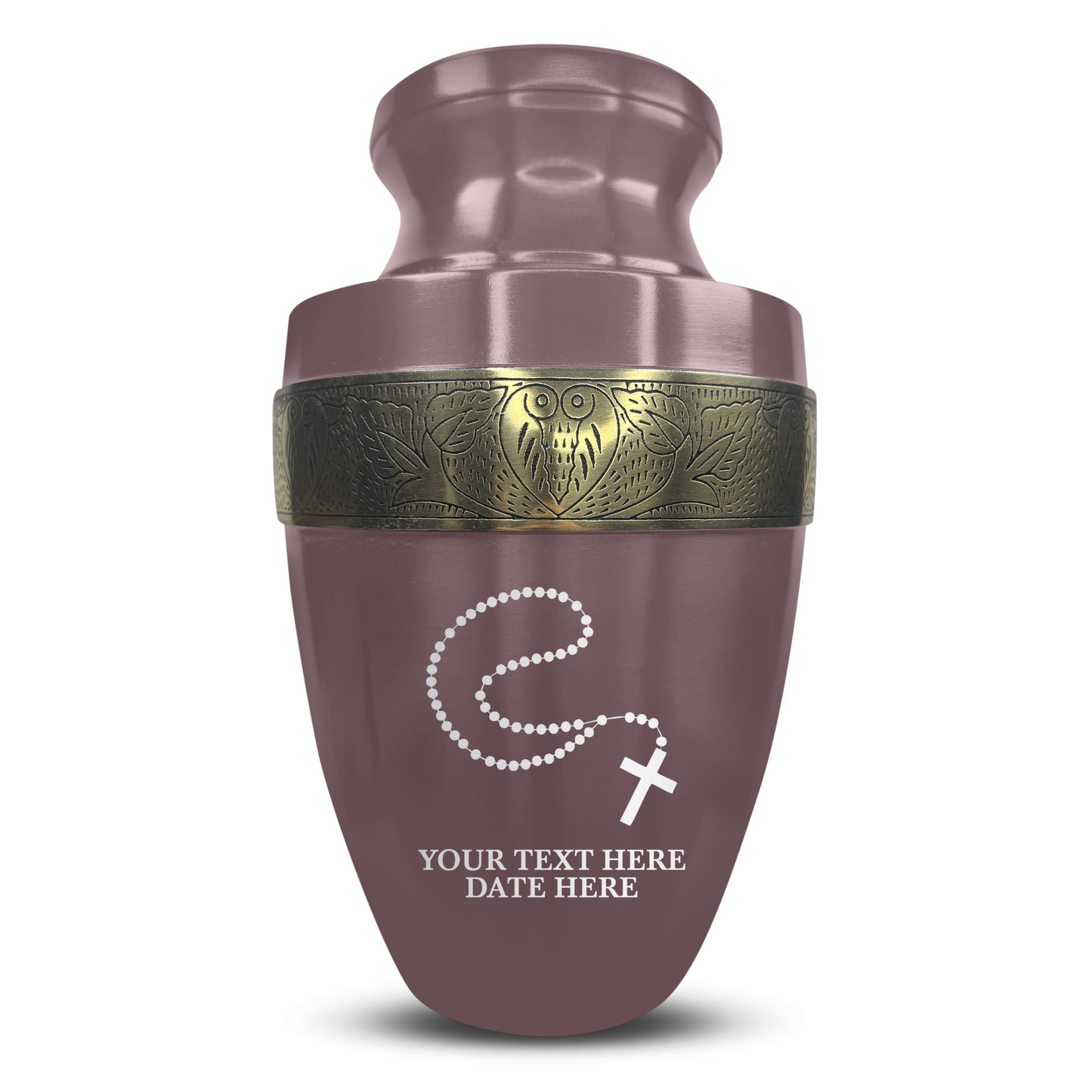 Personalized Adult Cremation Urn with Custom Engraved Name, Date and Rosary Illustration Design Metal Aluminum Vessel for Ashes and Remains | Elite Collection with Gold Inlay | 200 Cubic Inch
