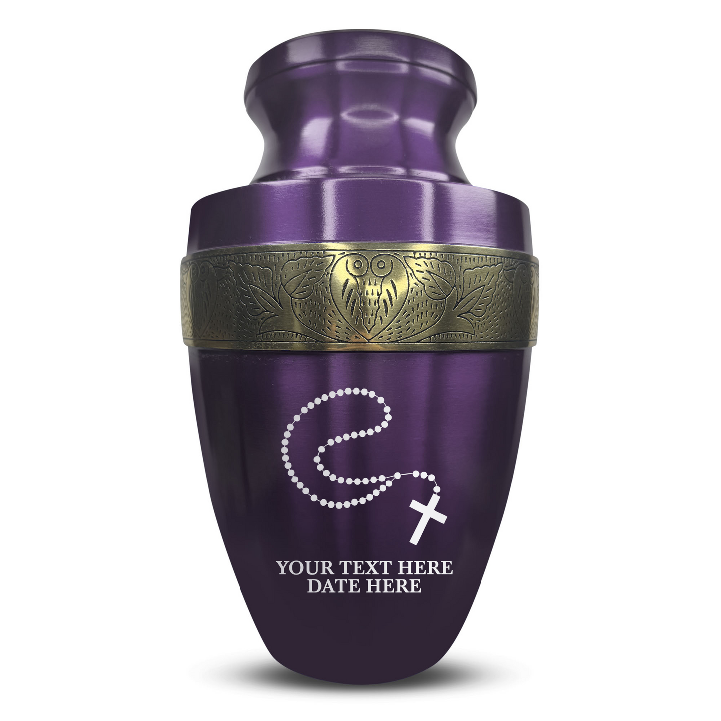 Personalized Adult Cremation Urn with Custom Engraved Name, Date and Rosary Illustration Design Metal Aluminum Vessel for Ashes and Remains | Elite Collection with Gold Inlay | 200 Cubic Inch
