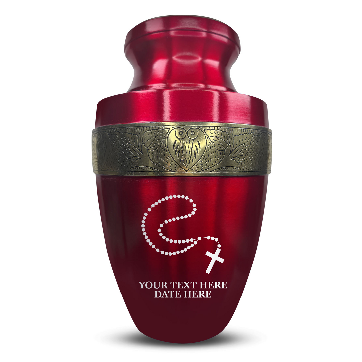 Personalized Adult Cremation Urn with Custom Engraved Name, Date and Rosary Illustration Design Metal Aluminum Vessel for Ashes and Remains | Elite Collection with Gold Inlay | 200 Cubic Inch