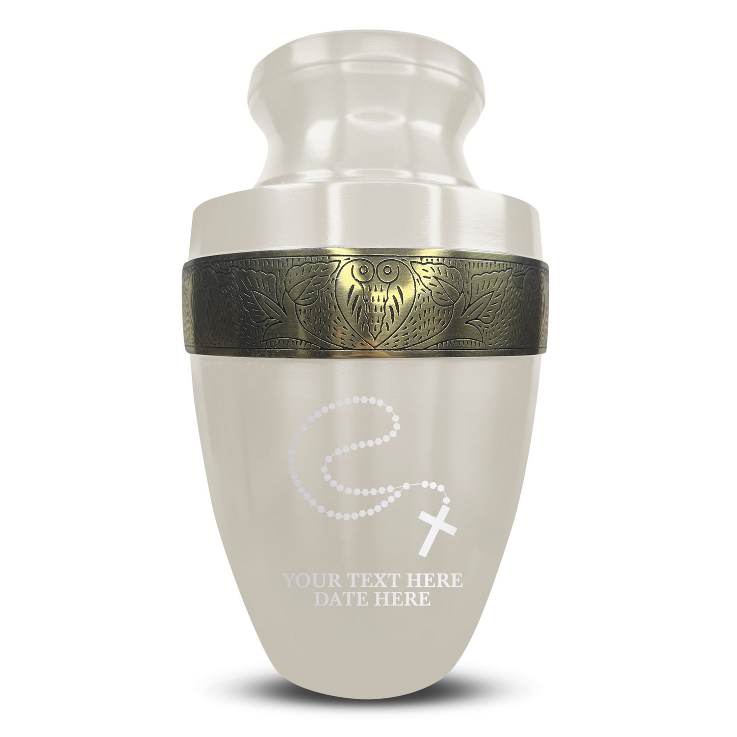 Personalized Adult Cremation Urn with Custom Engraved Name, Date and Rosary Illustration Design Metal Aluminum Vessel for Ashes and Remains | Elite Collection with Gold Inlay | 200 Cubic Inch