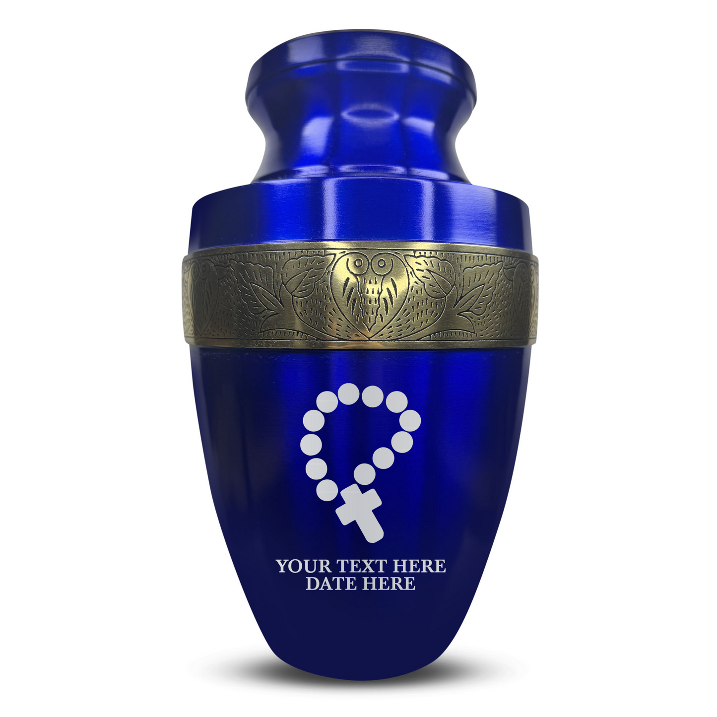 Personalized Adult Cremation Urn with Custom Engraved Name, Date and Rosary Illustration Design Metal Aluminum Vessel for Ashes and Remains | Elite Collection with Gold Inlay | 200 Cubic Inch