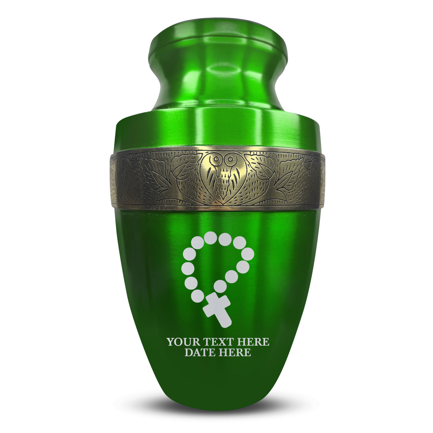 Personalized Adult Cremation Urn with Custom Engraved Name, Date and Rosary Illustration Design Metal Aluminum Vessel for Ashes and Remains | Elite Collection with Gold Inlay | 200 Cubic Inch
