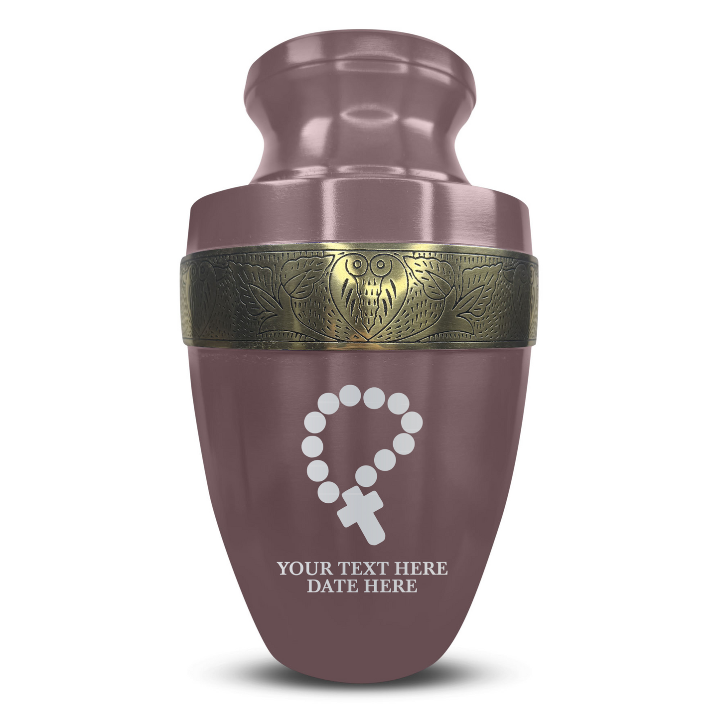 Personalized Adult Cremation Urn with Custom Engraved Name, Date and Rosary Illustration Design Metal Aluminum Vessel for Ashes and Remains | Elite Collection with Gold Inlay | 200 Cubic Inch
