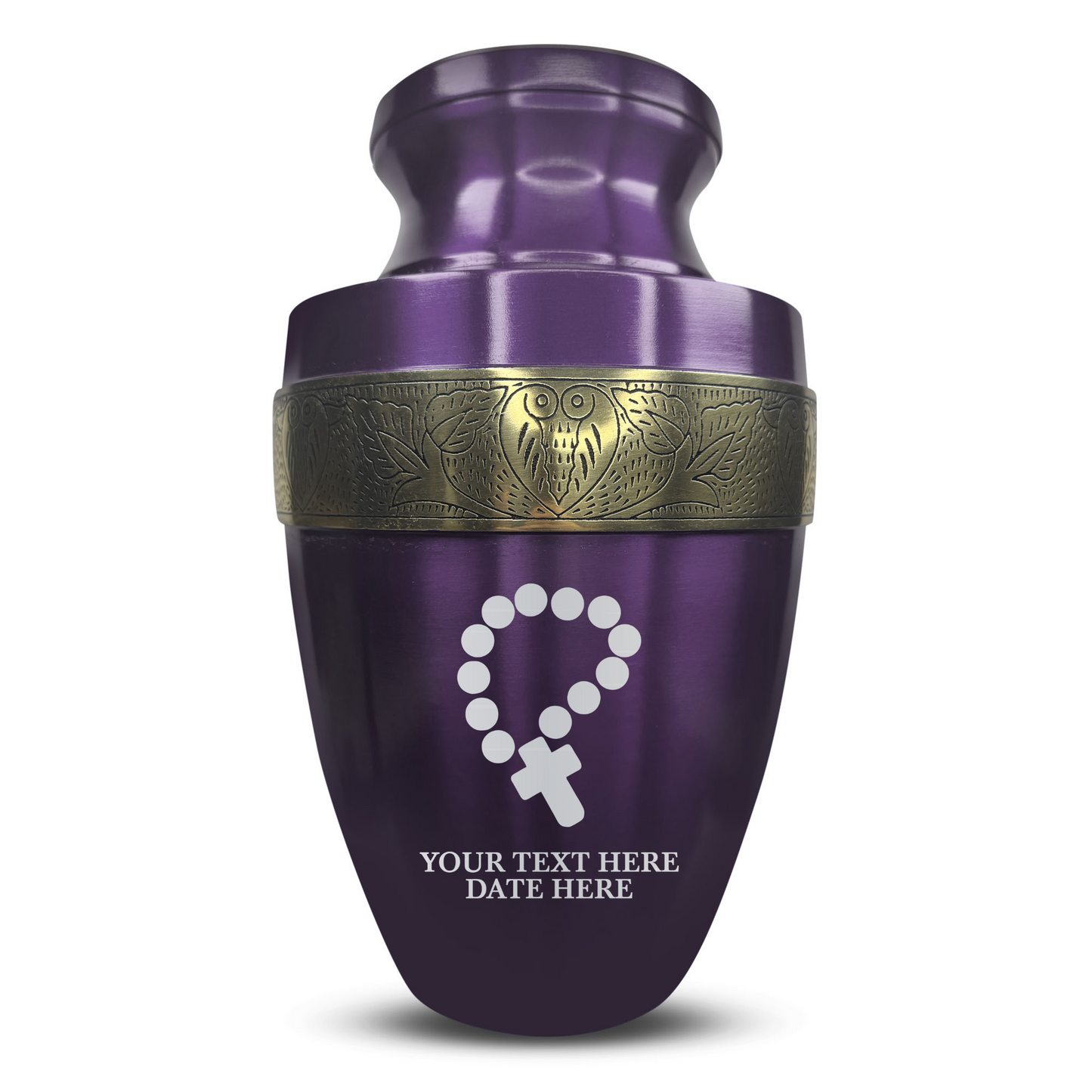 Personalized Adult Cremation Urn with Custom Engraved Name, Date and Rosary Illustration Design Metal Aluminum Vessel for Ashes and Remains | Elite Collection with Gold Inlay | 200 Cubic Inch