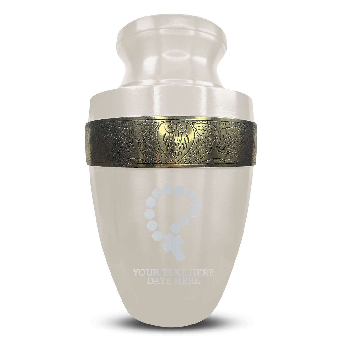 Personalized Adult Cremation Urn with Custom Engraved Name, Date and Rosary Illustration Design Metal Aluminum Vessel for Ashes and Remains | Elite Collection with Gold Inlay | 200 Cubic Inch