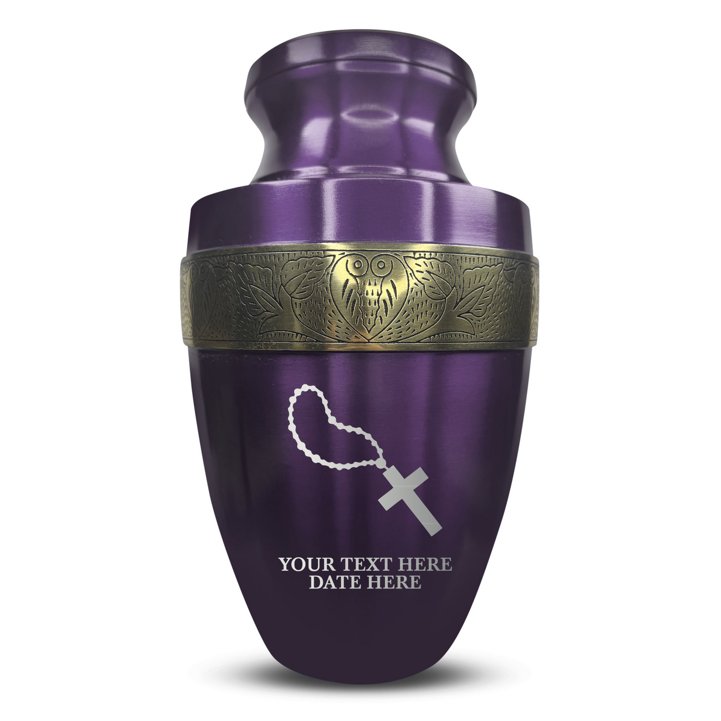Personalized Adult Cremation Urn with Custom Engraved Name, Date and Rosary Illustration Design Metal Aluminum Vessel for Ashes and Remains | Elite Collection with Gold Inlay | 200 Cubic Inch