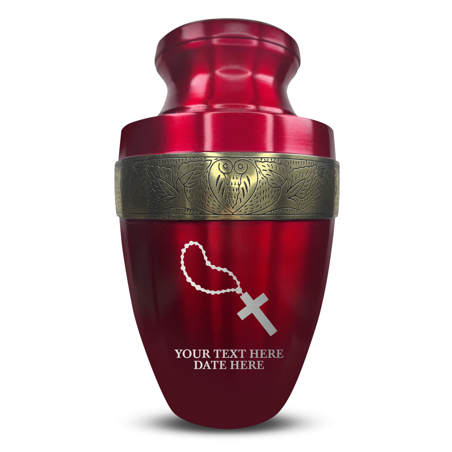 Personalized Adult Cremation Urn with Custom Engraved Name, Date and Rosary Illustration Design Metal Aluminum Vessel for Ashes and Remains | Elite Collection with Gold Inlay | 200 Cubic Inch