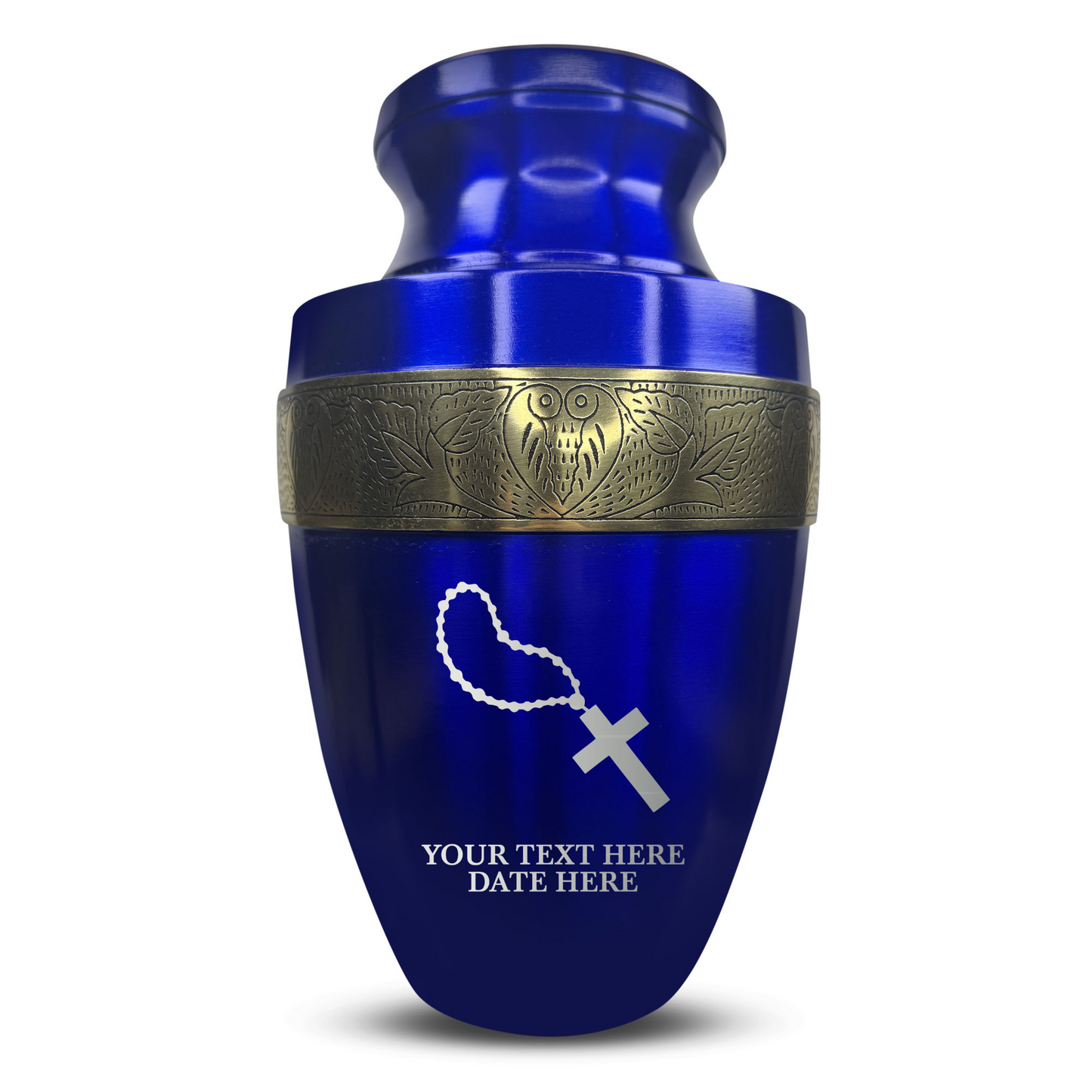 Personalized Adult Cremation Urn with Custom Engraved Name, Date and Rosary Illustration Design Metal Aluminum Vessel for Ashes and Remains | Elite Collection with Gold Inlay | 200 Cubic Inch