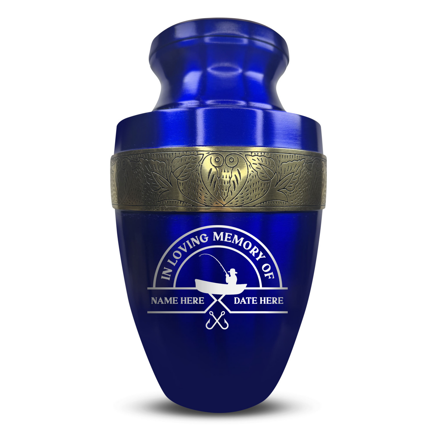 Personalized Adult Human Cremation Urn with Custom Engraved Name Date Boat on Vessel for Ashes and Cremains | Funny Fishing Lover Series with Gold Inlay | 200 Lbs