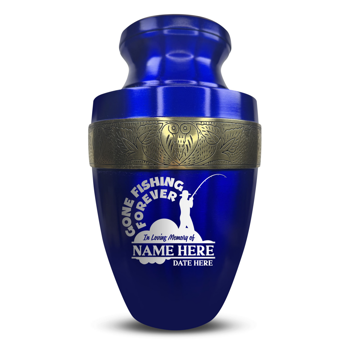 Personalized Adult Human Cremation Urn with Custom Engraved Name Date Boat on Vessel for Ashes and Cremains | Funny Fishing Lover Series with Gold Inlay | 200 Lbs