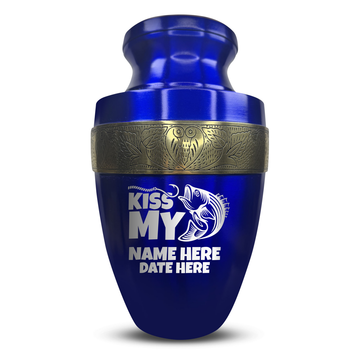 Personalized Adult Human Cremation Urn with Custom Engraved Name Date Boat on Vessel for Ashes and Cremains | Funny Fishing Lover Series with Gold Inlay | 200 Lbs