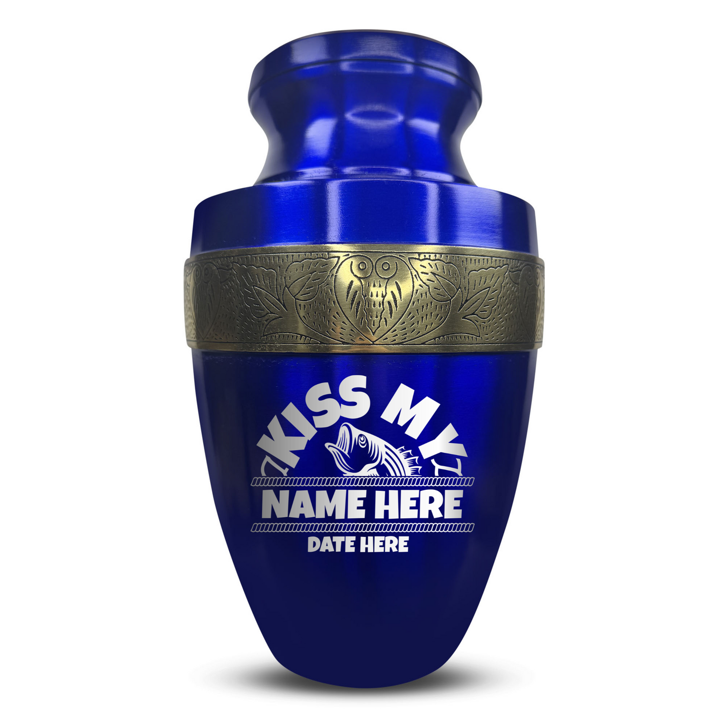 Personalized Adult Human Cremation Urn with Custom Engraved Name Date Boat on Vessel for Ashes and Cremains | Funny Fishing Lover Series with Gold Inlay | 200 Lbs
