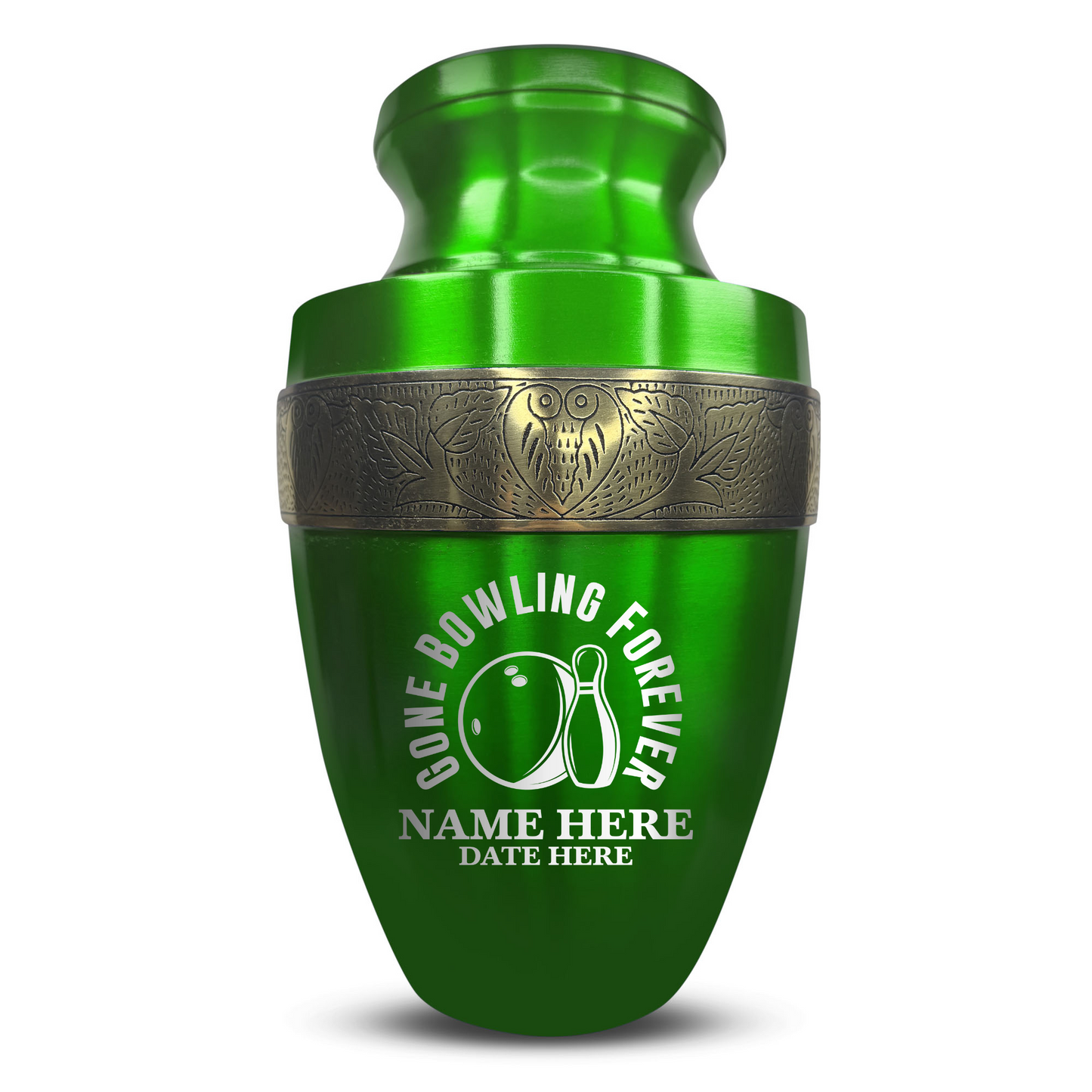 Personalized Adult Human Cremation Urn with Custom Engraved Name Date on Vessel for Ashes and Cremains | Elite Funny Bowling Lover Series with Gold Inlay | 200 Lbs | Black