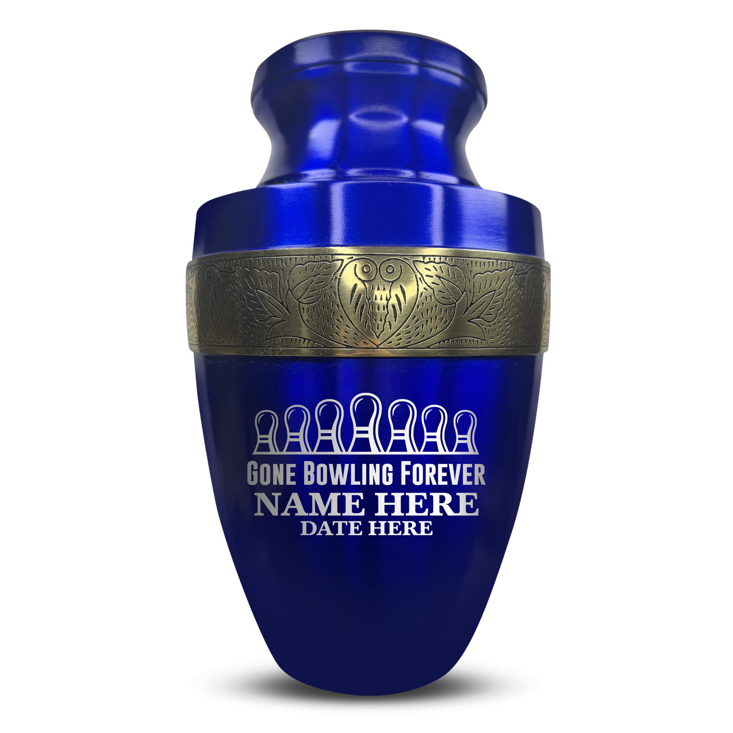 Personalized Adult Human Cremation Urn with Custom Engraved Name Date on Vessel for Ashes and Cremains | Elite Funny Bowling Lover Series with Gold Inlay | 200 Lbs | Black