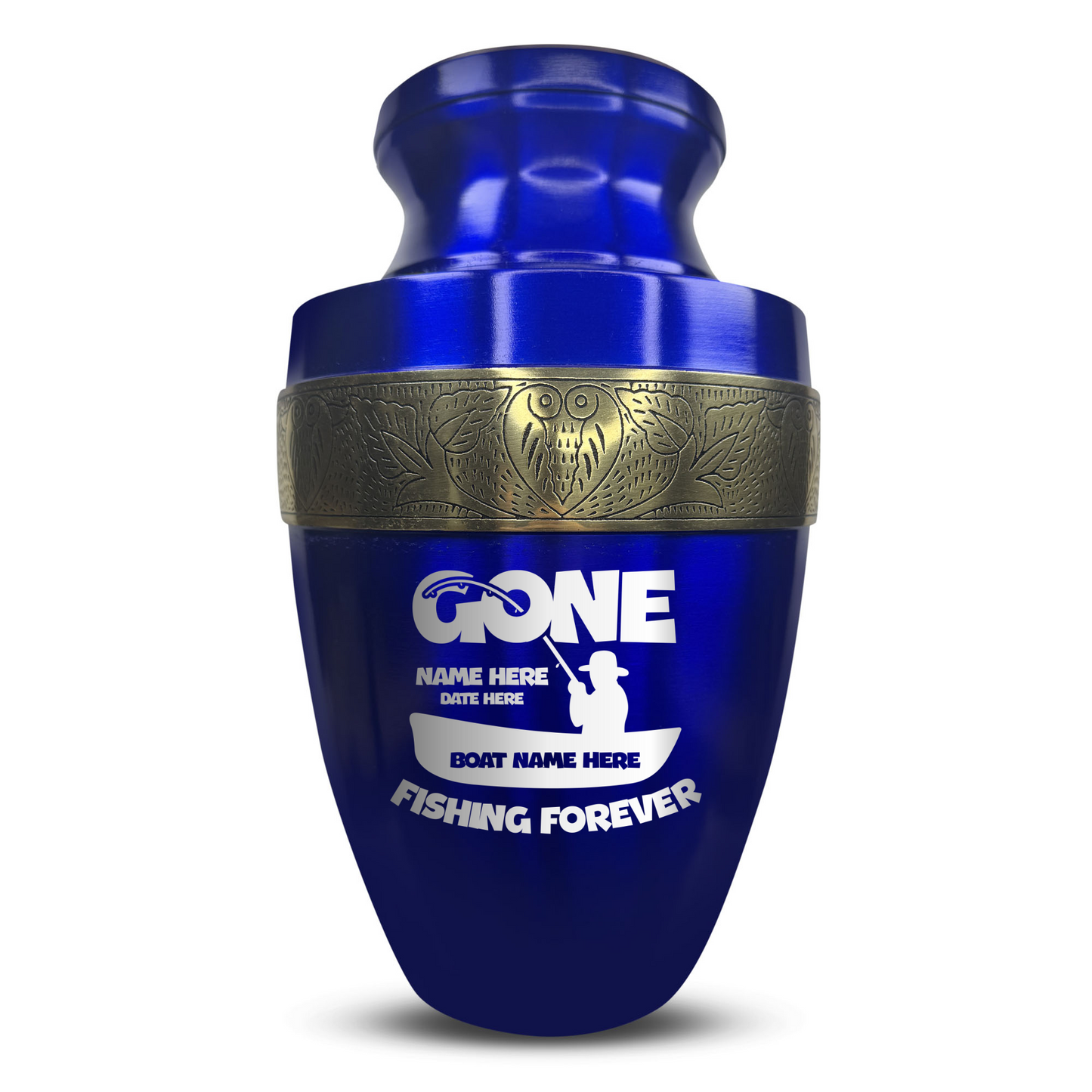 Personalized Adult Human Cremation Urn with Custom Engraved Name Date Boat on Vessel for Ashes and Cremains | Funny Fishing Lover Series with Gold Inlay | 200 Lbs