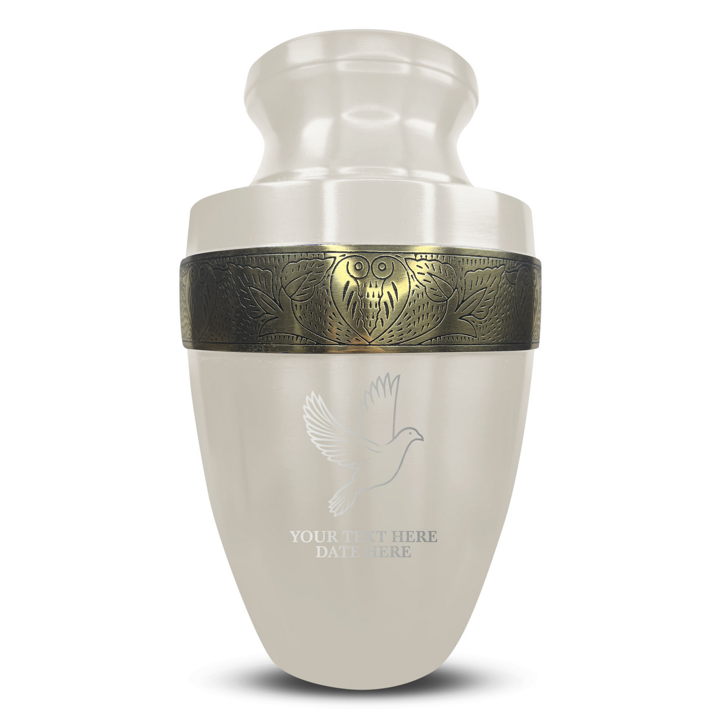 Personalized Adult Human Cremation Urn with Custom Name Date on Gold Rim Container for Ashes and Men or Women Cremains | Elite Memorial Dove Design Series | 200 Lbs