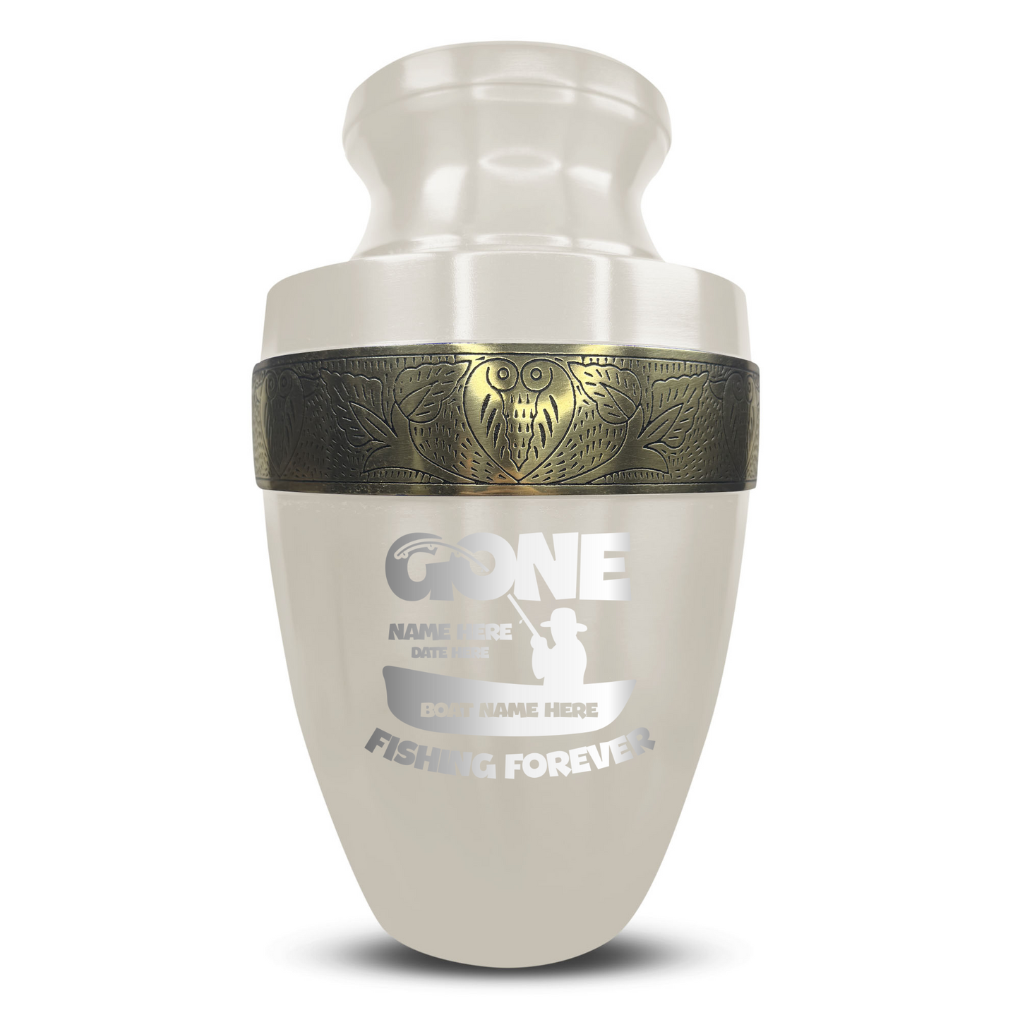 Personalized Adult Human Cremation Urn with Custom Engraved Name Date Boat on Vessel for Ashes and Cremains | Funny Fishing Lover Series with Gold Inlay | 200 Lbs
