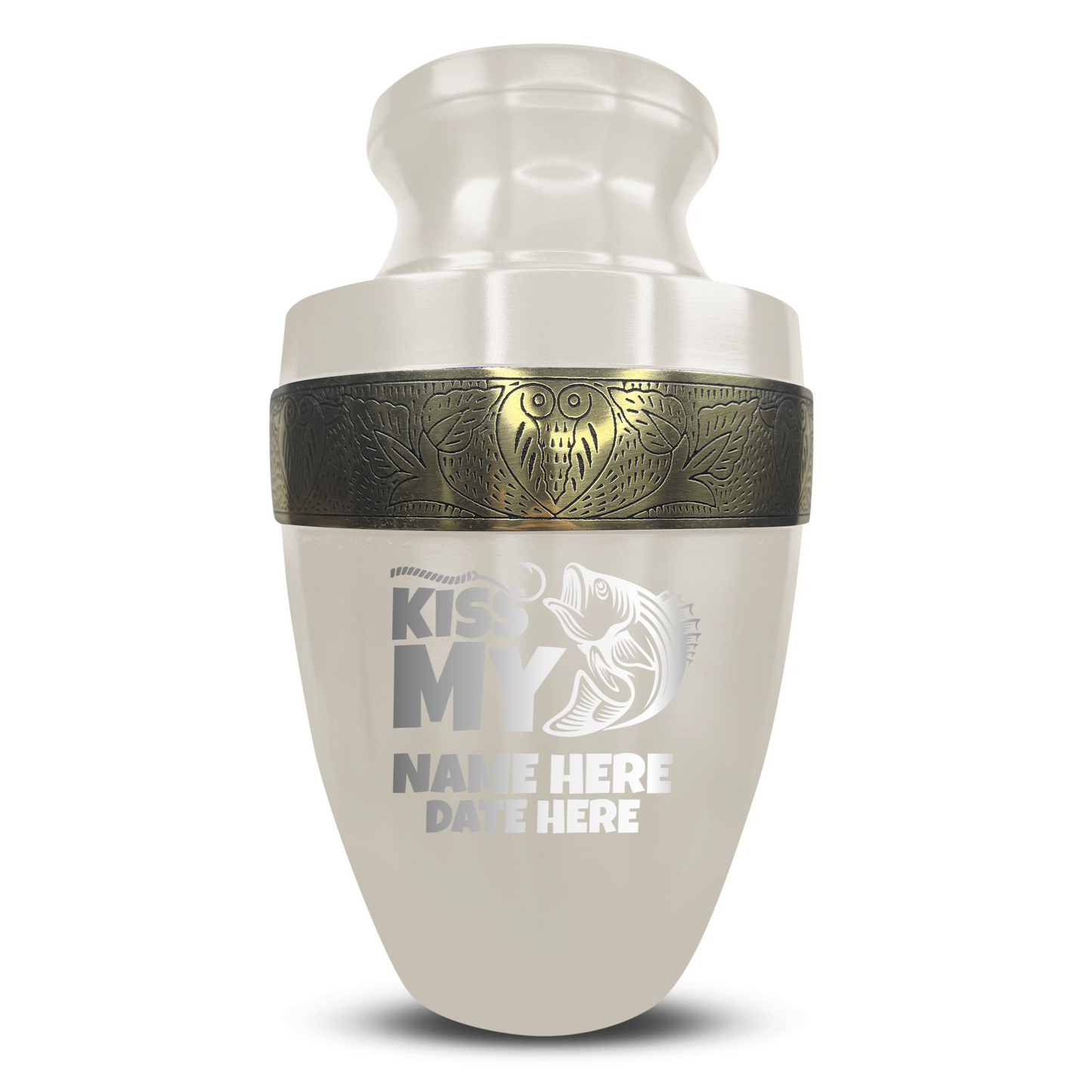 Personalized Adult Human Cremation Urn with Custom Engraved Name Date Boat on Vessel for Ashes and Cremains | Funny Fishing Lover Series with Gold Inlay | 200 Lbs