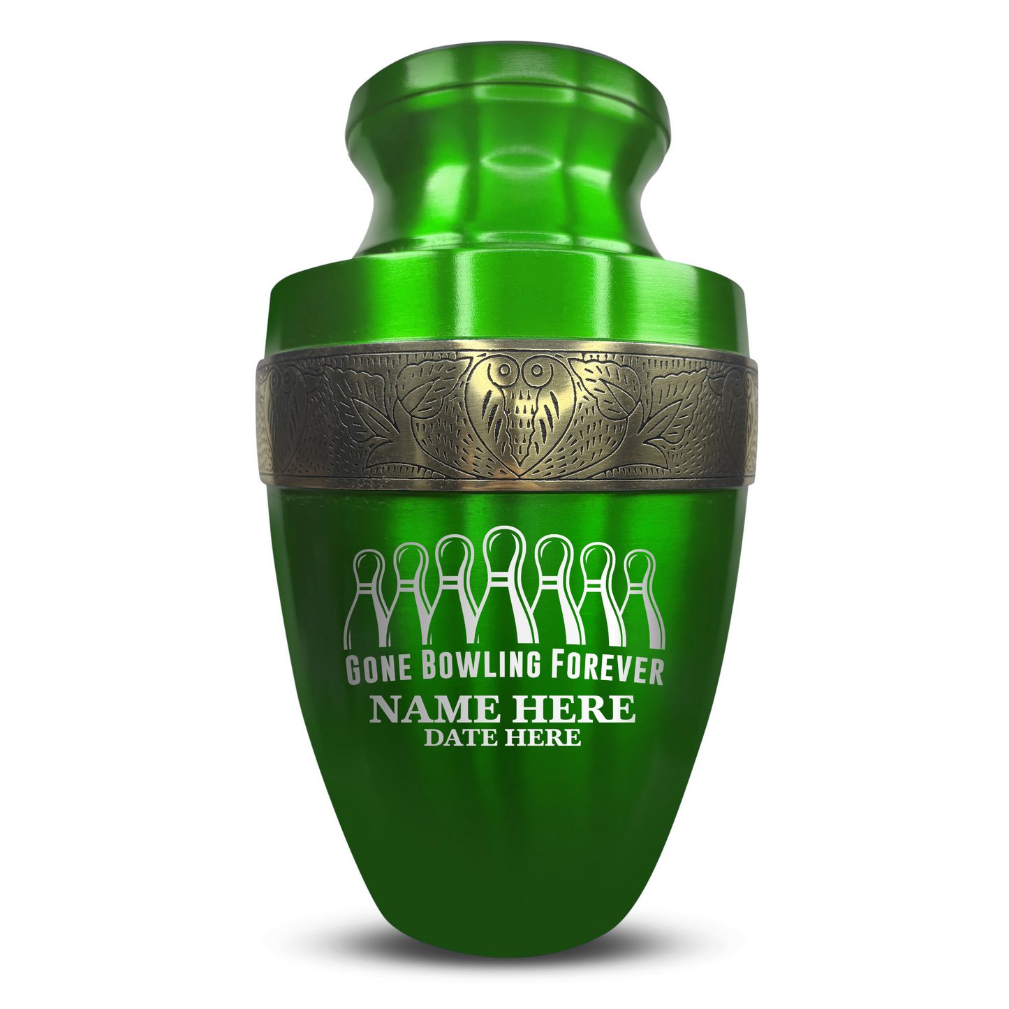 Personalized Adult Human Cremation Urn with Custom Engraved Name Date on Vessel for Ashes and Cremains | Elite Funny Bowling Lover Series with Gold Inlay | 200 Lbs | Black