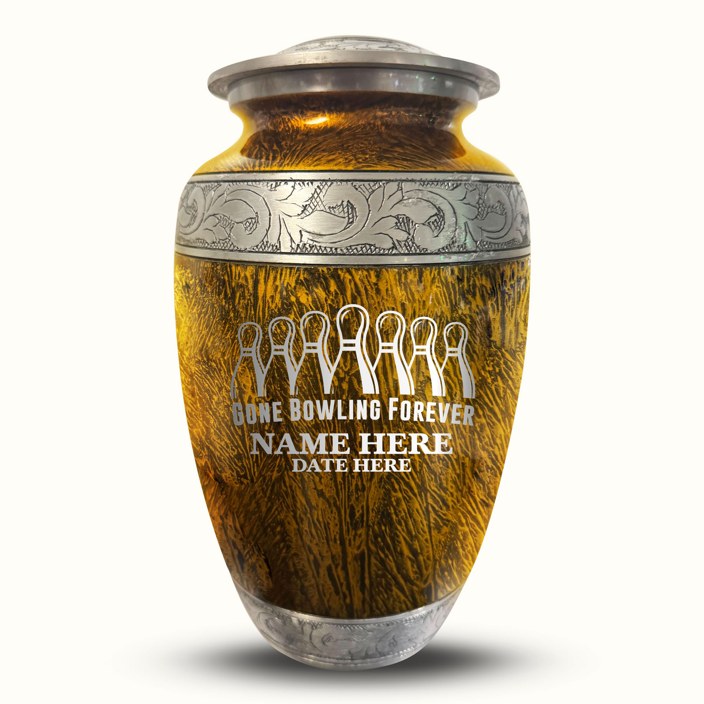 Custom Large Cremation Urn for Human Ashes - Elevate Collection - Funny Bowling Design - Distressed Finish - 200 Cubic Inch