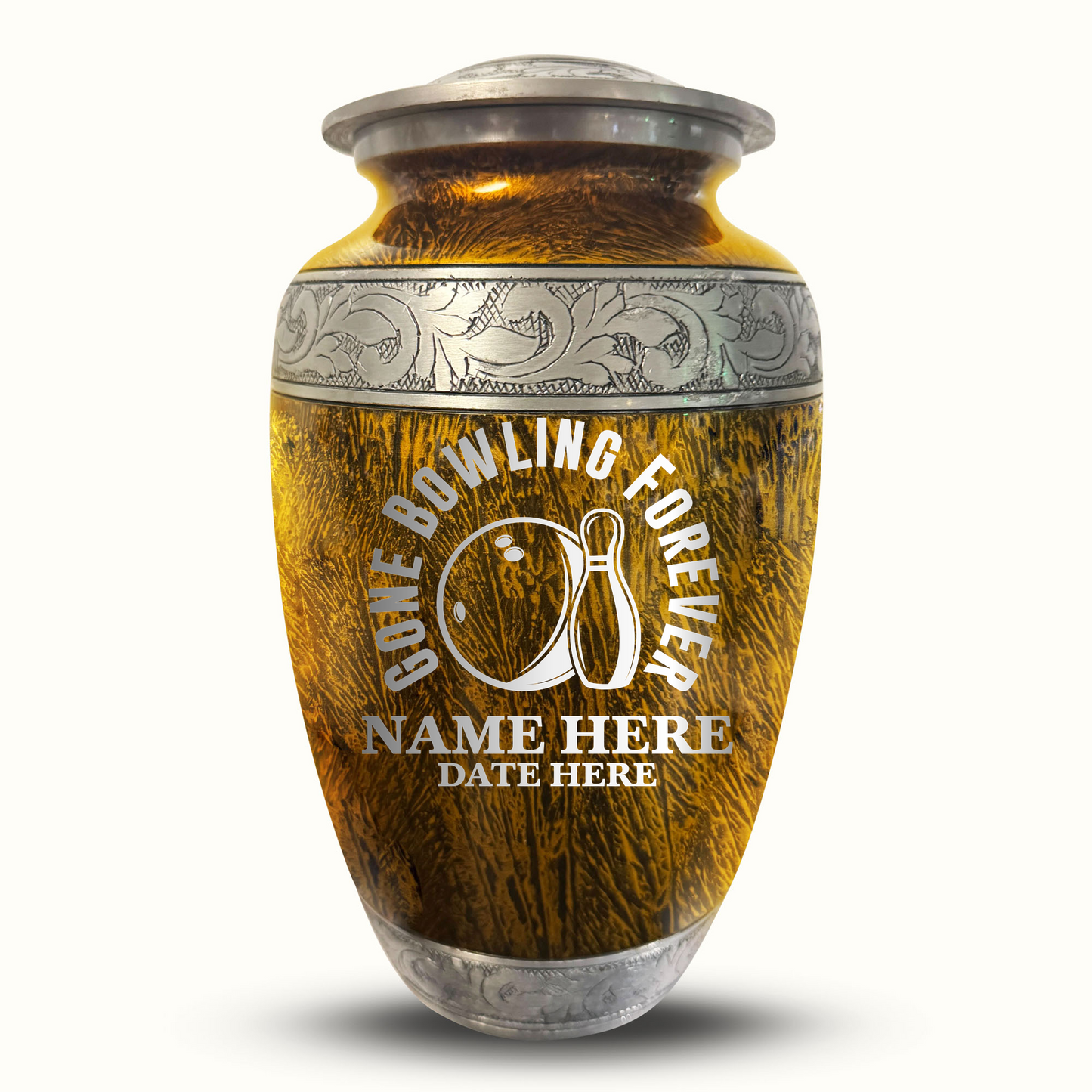 Custom Large Cremation Urn for Human Ashes - Elevate Collection - Funny Bowling Design - Distressed Finish - 200 Cubic Inch