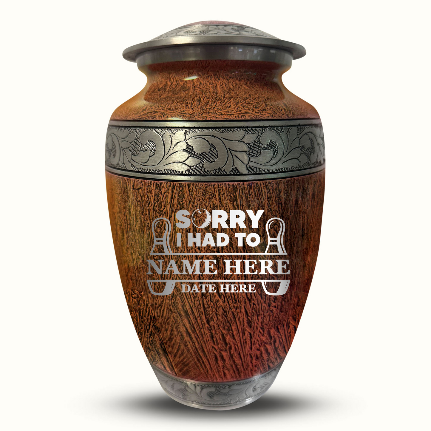 Custom Large Cremation Urn for Human Ashes - Elevate Collection - Funny Bowling Design - Distressed Finish - 200 Cubic Inch