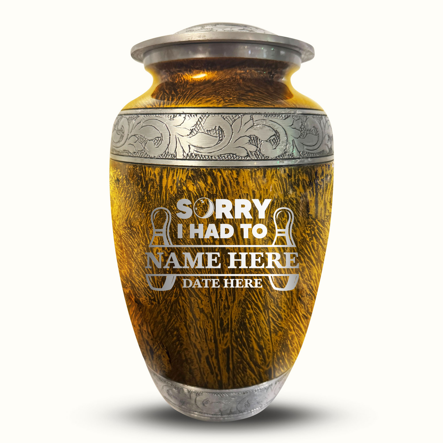Custom Large Cremation Urn for Human Ashes - Elevate Collection - Funny Bowling Design - Distressed Finish - 200 Cubic Inch