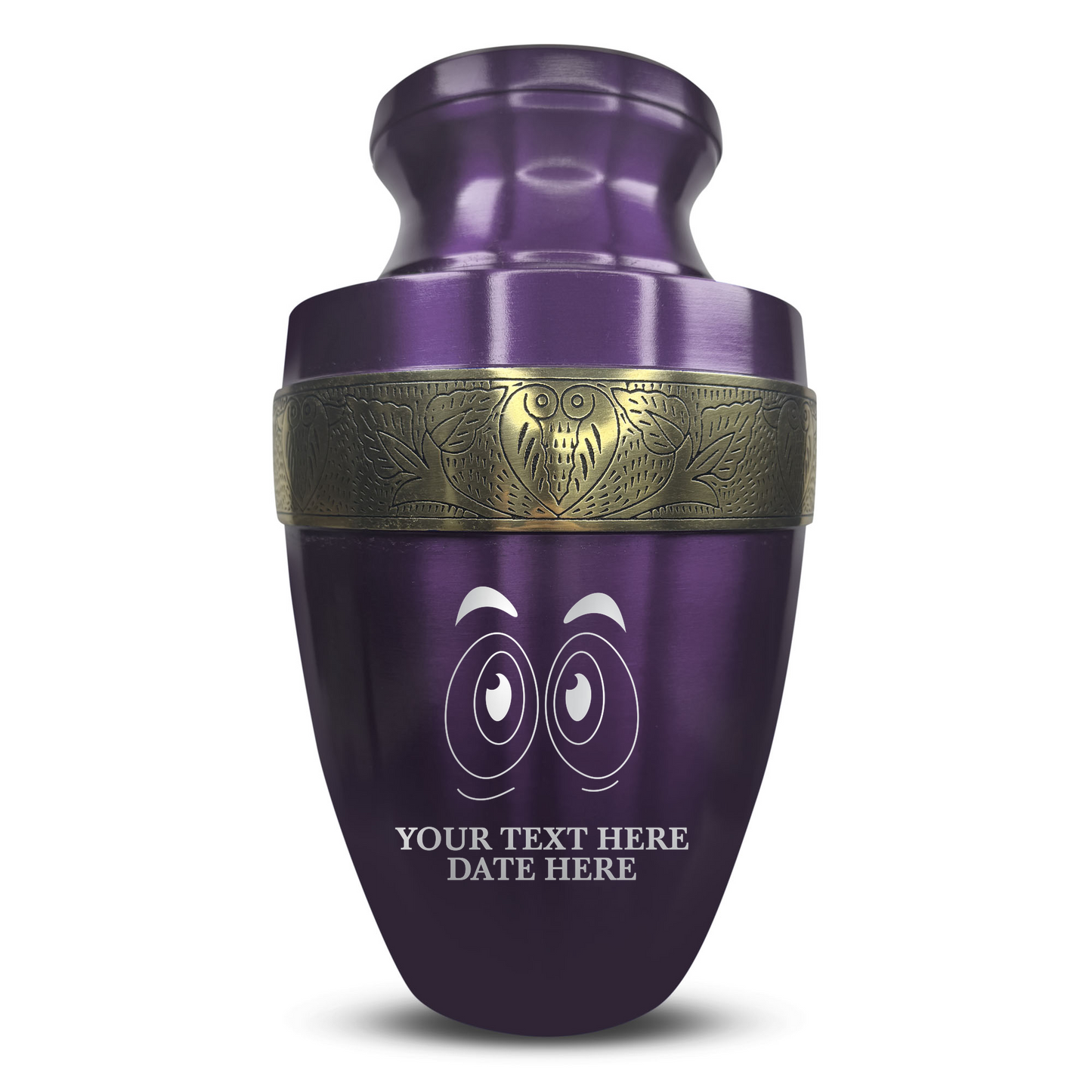 Personalized Adult Cremation Urn with Custom Engraved Name, Date and Funny Eyes Design Metal Aluminum Vessel for Ashes and Remains | Elite Collection with Gold Inlay | 200 Cubic Inch