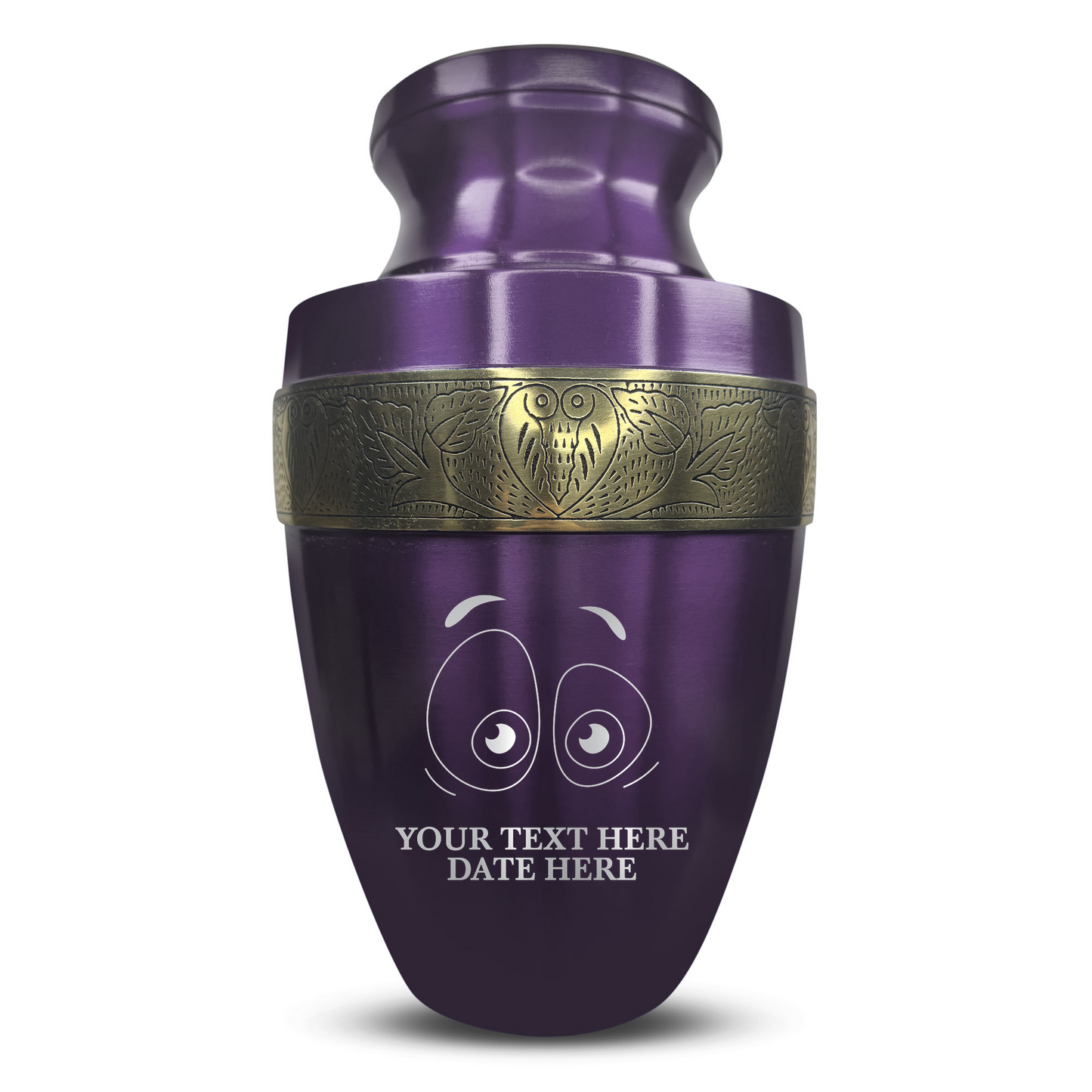 Personalized Adult Cremation Urn with Custom Engraved Name, Date and Funny Eyes Design Metal Aluminum Vessel for Ashes and Remains | Elite Collection with Gold Inlay | 200 Cubic Inch