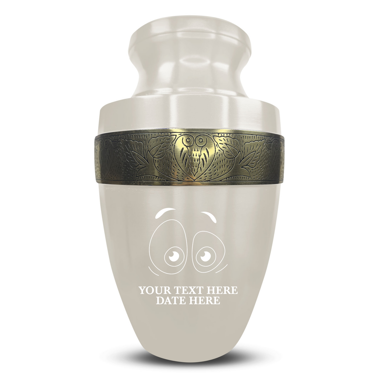 Personalized Adult Cremation Urn with Custom Engraved Name, Date and Funny Eyes Design Metal Aluminum Vessel for Ashes and Remains | Elite Collection with Gold Inlay | 200 Cubic Inch