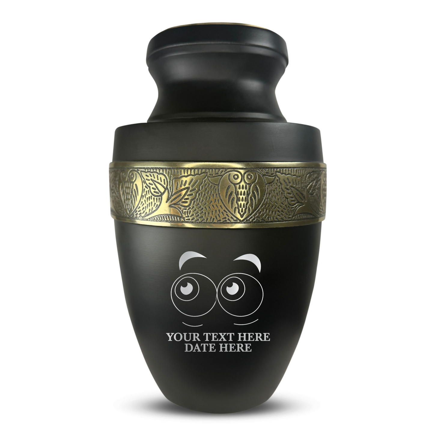Personalized Adult Cremation Urn with Custom Engraved Name, Date and Funny Eyes Design Metal Aluminum Vessel for Ashes and Remains | Elite Collection with Gold Inlay | 200 Cubic Inch