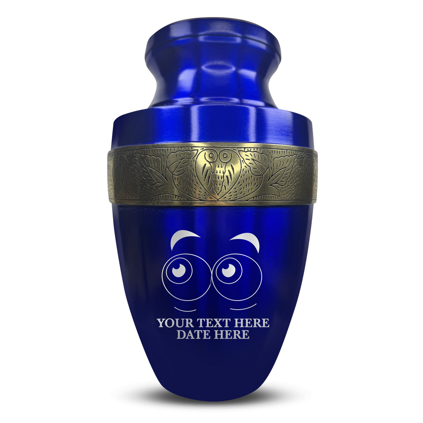 Personalized Adult Cremation Urn with Custom Engraved Name, Date and Funny Eyes Design Metal Aluminum Vessel for Ashes and Remains | Elite Collection with Gold Inlay | 200 Cubic Inch