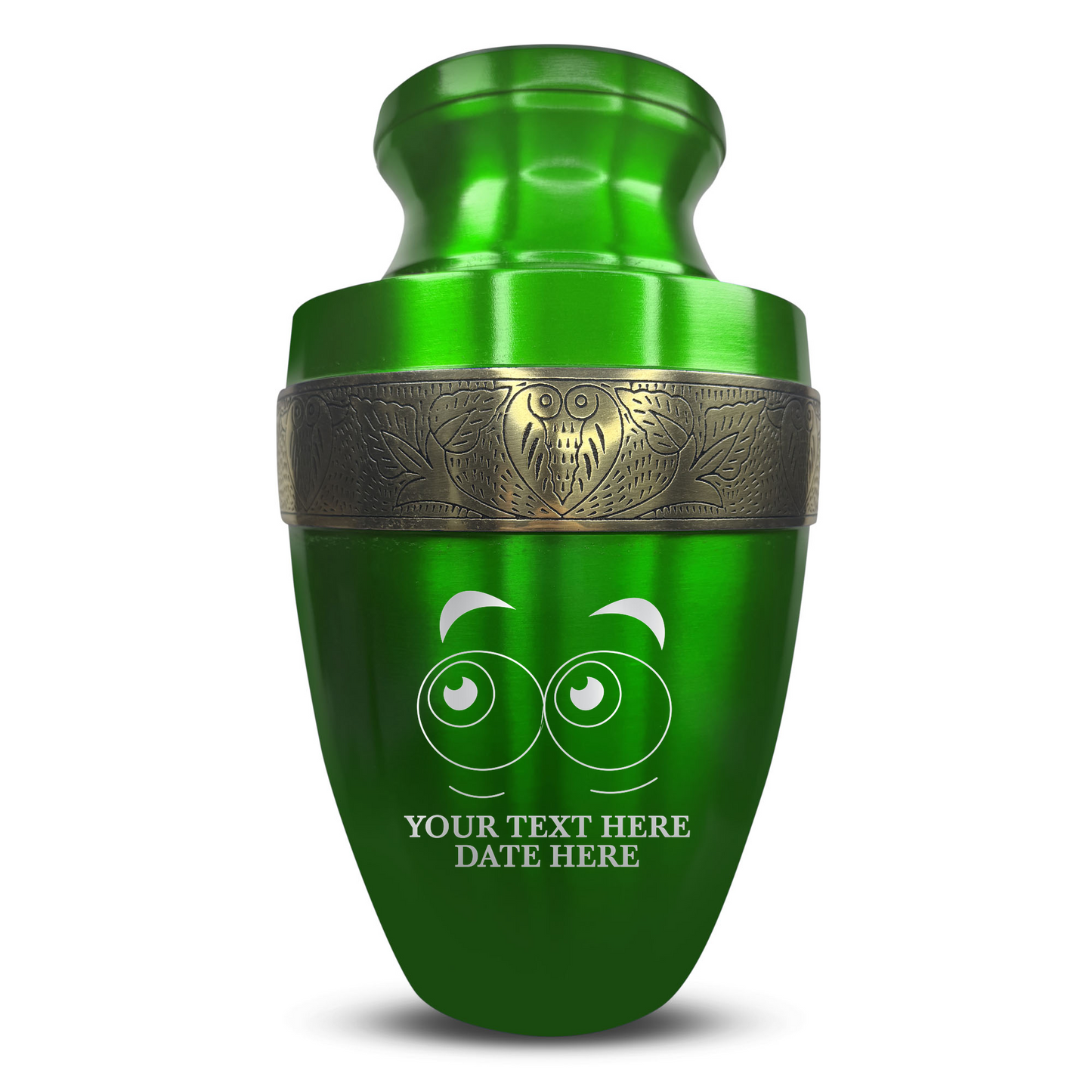 Personalized Adult Cremation Urn with Custom Engraved Name, Date and Funny Eyes Design Metal Aluminum Vessel for Ashes and Remains | Elite Collection with Gold Inlay | 200 Cubic Inch