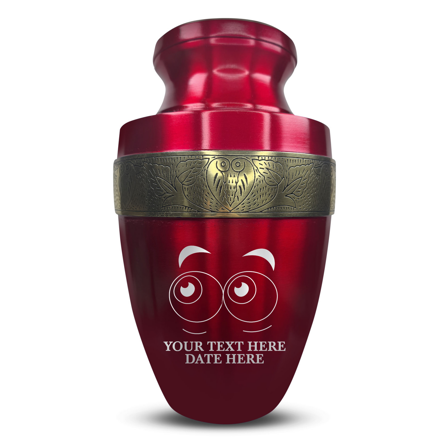 Personalized Adult Cremation Urn with Custom Engraved Name, Date and Funny Eyes Design Metal Aluminum Vessel for Ashes and Remains | Elite Collection with Gold Inlay | 200 Cubic Inch