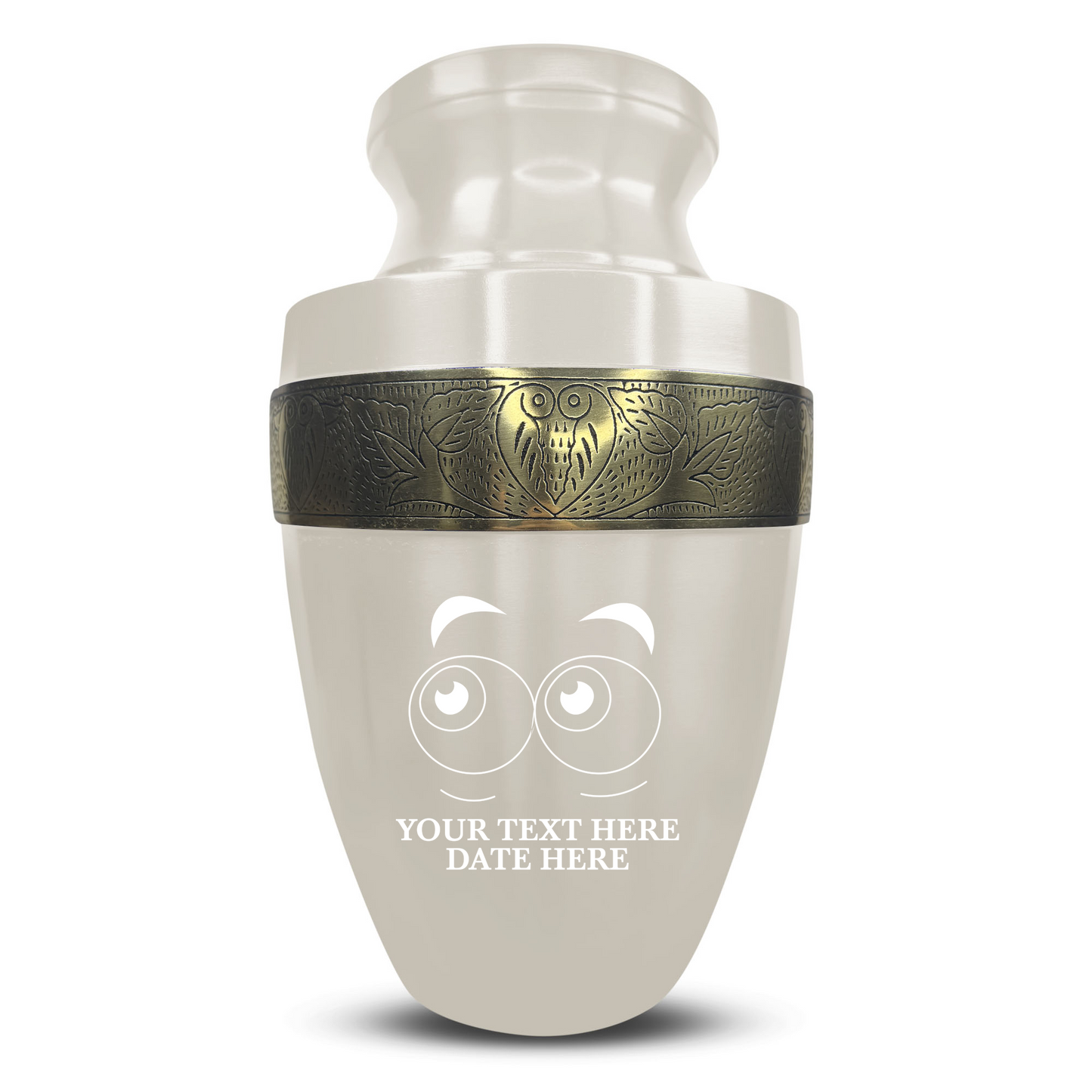 Personalized Adult Cremation Urn with Custom Engraved Name, Date and Funny Eyes Design Metal Aluminum Vessel for Ashes and Remains | Elite Collection with Gold Inlay | 200 Cubic Inch