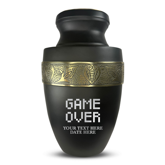 Personalized Adult Cremation Urn with Custom Engraved Name, Date and Funny Gaming Design Metal Aluminum Vessel for Ashes and Remains | Elite Collection with Gold Inlay | 200 Cubic Inch