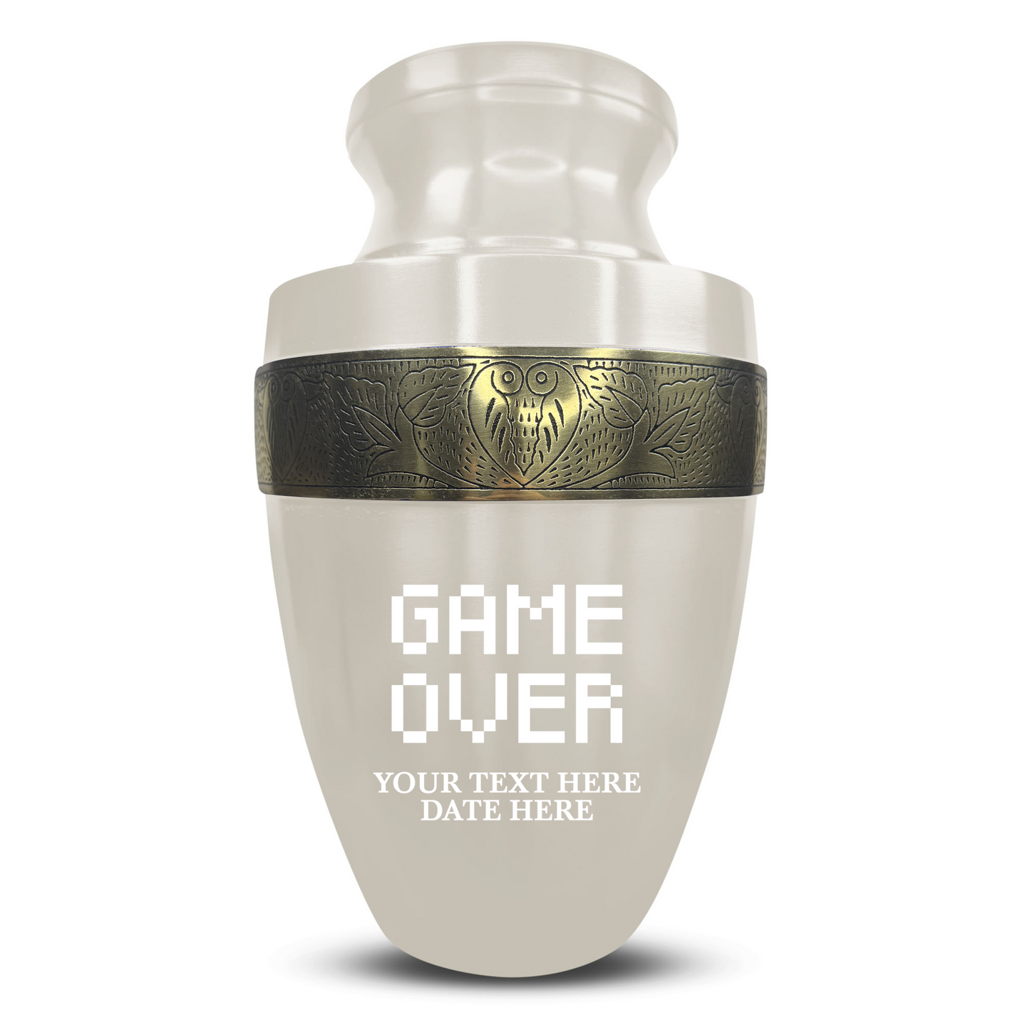 Personalized Adult Cremation Urn with Custom Engraved Name, Date and Funny Gaming Design Metal Aluminum Vessel for Ashes and Remains | Elite Collection with Gold Inlay | 200 Cubic Inch