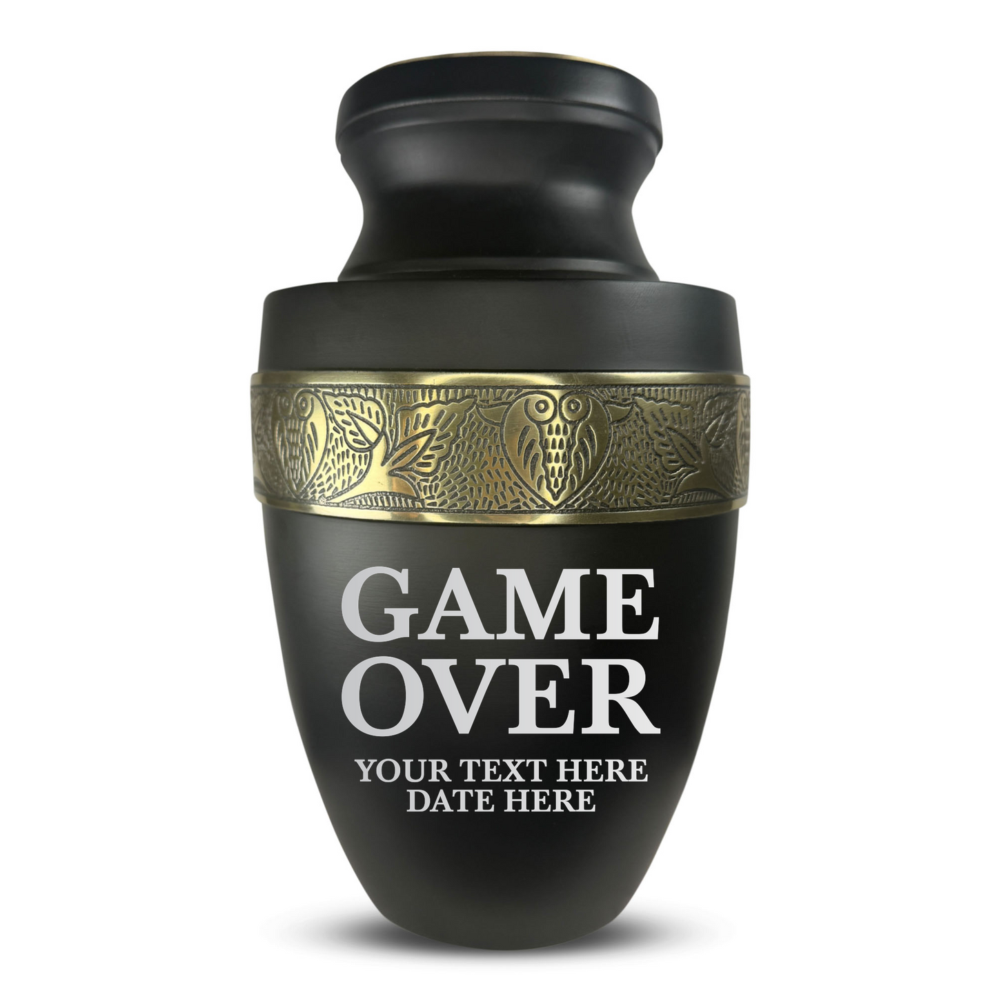 Personalized Adult Cremation Urn with Custom Engraved Name, Date and Funny Gaming Design Metal Aluminum Vessel for Ashes and Remains | Elite Collection with Gold Inlay | 200 Cubic Inch